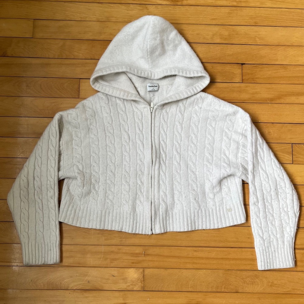 Sunday Best Aritzia Merino Wool Cable Knit Zip Up Cropped Hoodie Cream White M